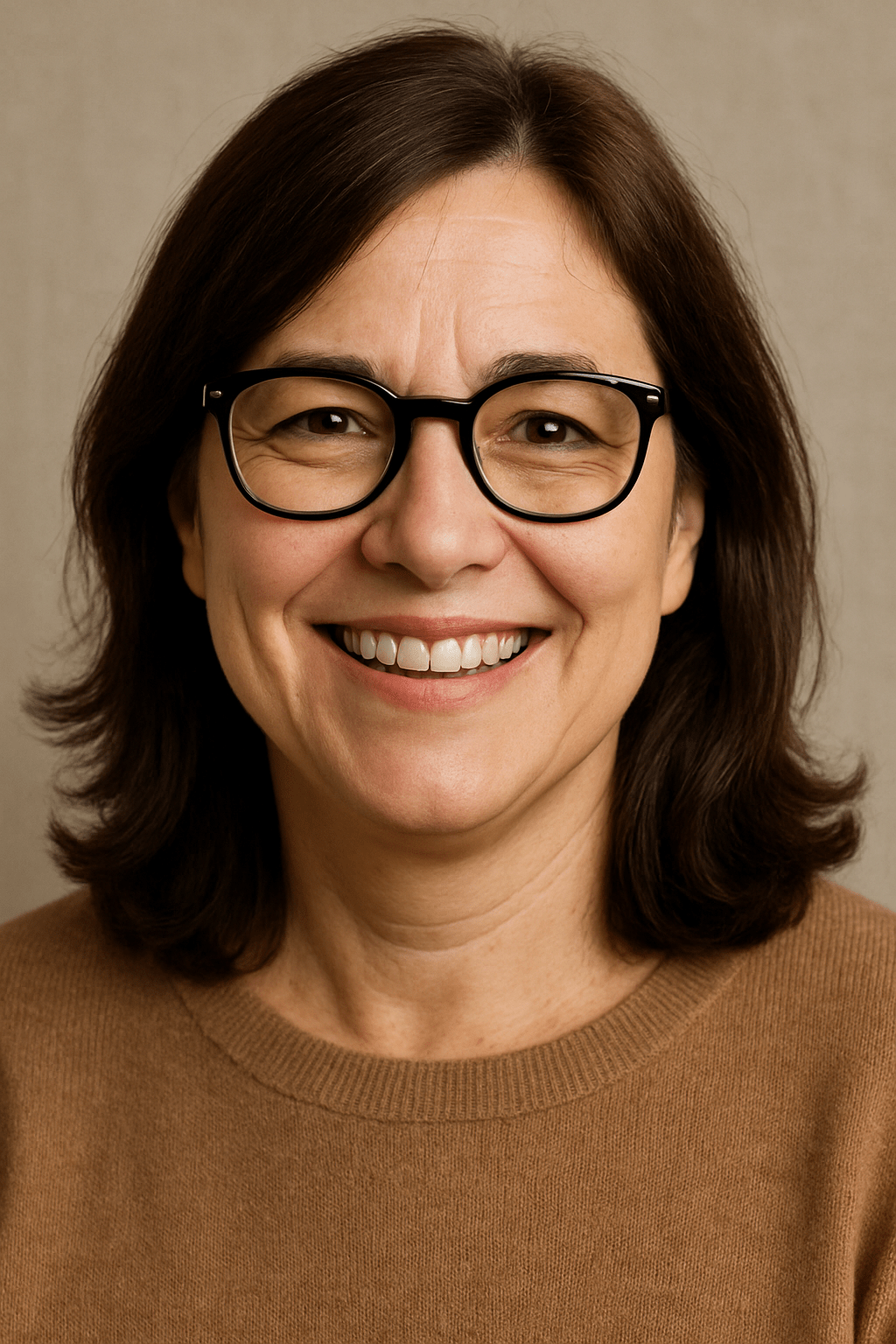 A smiling woman with shoulder-length dark hair wearing black glasses and a tan sweater poses against a neutral backdrop