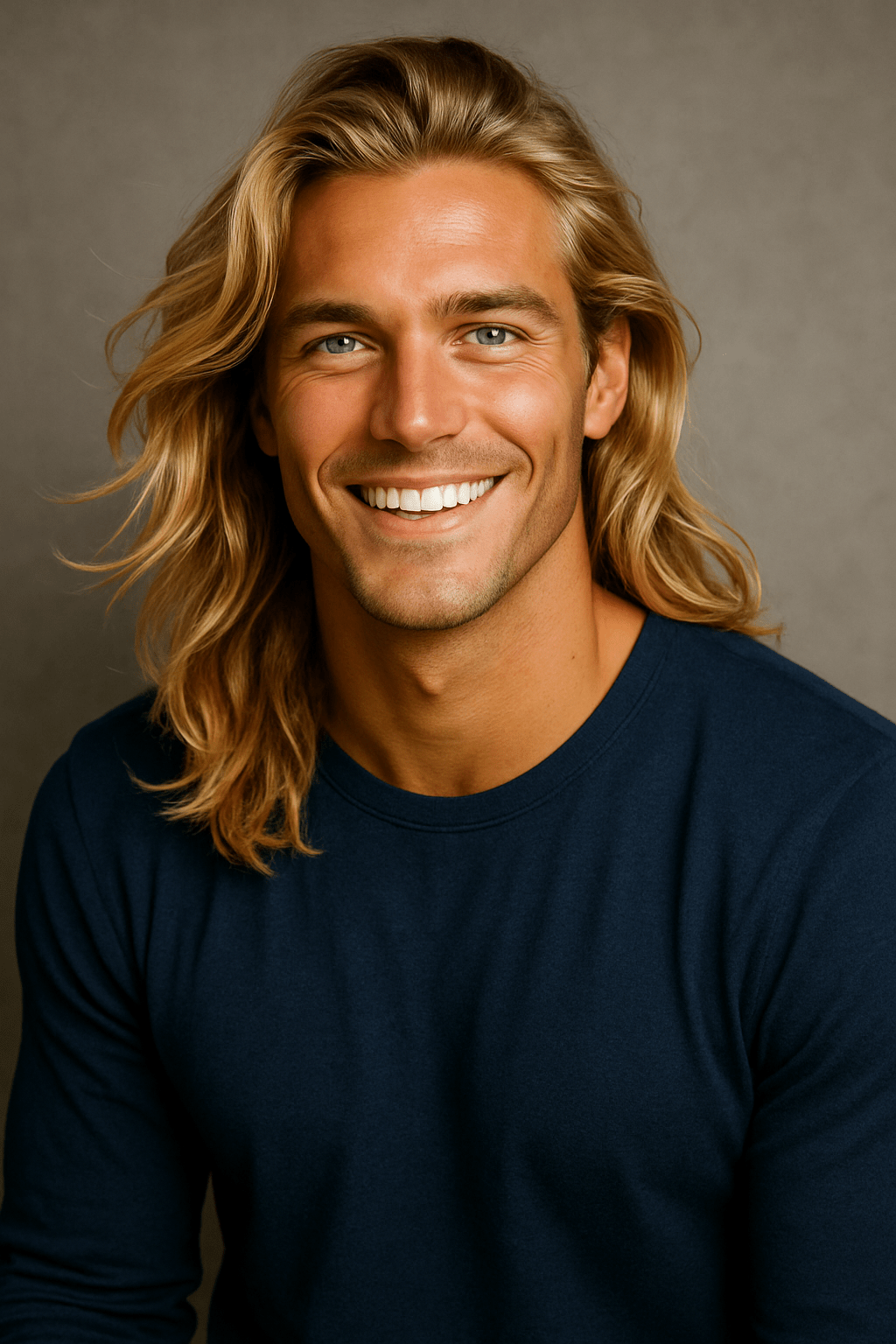 Smiling young man with long, wavy hair wearing a dark blue shirt