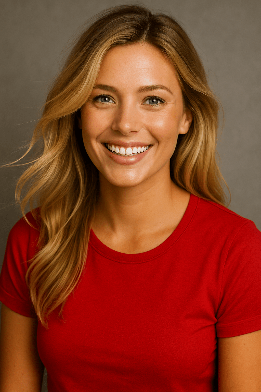 Smiling woman with long, wavy blonde hair wearing a red t-shirt against a neutral background