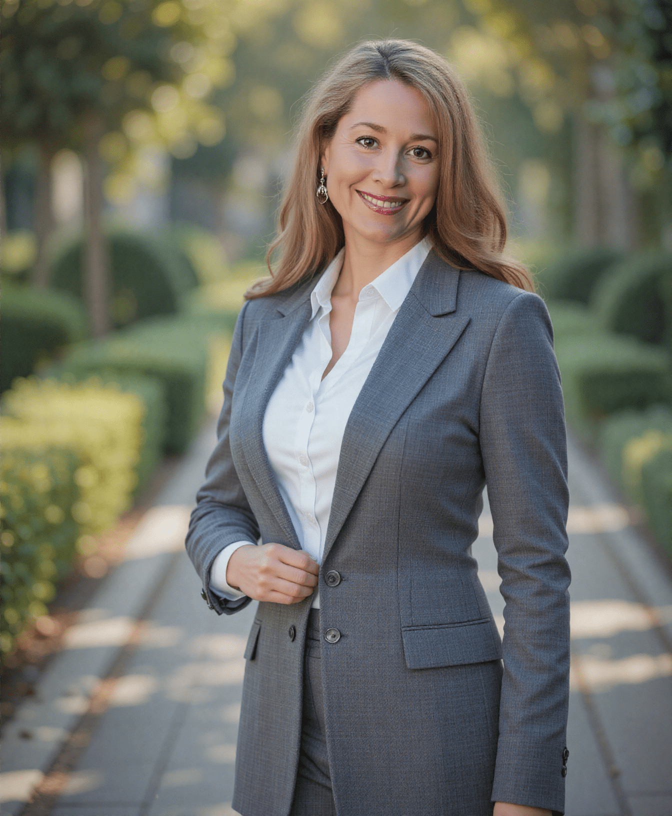 A professional woman wearing a suit and tie, exuding confidence and authority in a business setting.